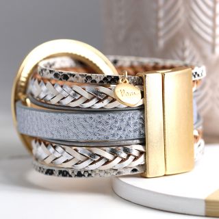 Cream & Gold Mix Large Hoop Multi Strand Leather Bracelet by Peace of Mind
